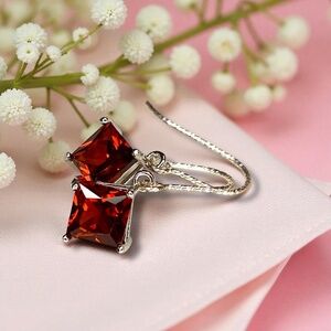 Handcrafted Princess Cut Garnet Earrings Handcrafted Sterling Silver